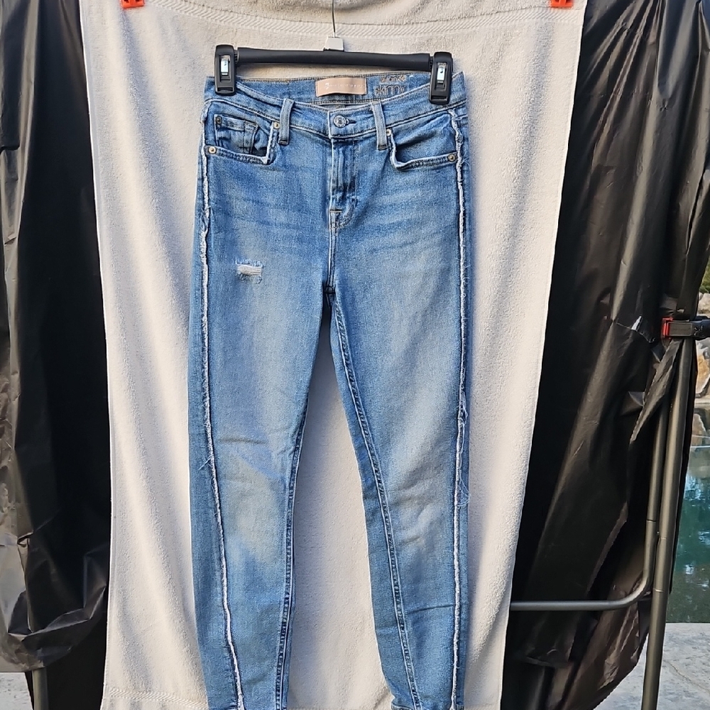 7 For All Mankind Light Blue Skinny Jeans with Side Seam Detail Size 26